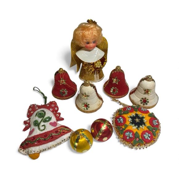Vintage 60’s Felted Flocked Bells Beaded Sequin Christmas Ornaments Angel Topper - Picture 1 of 6